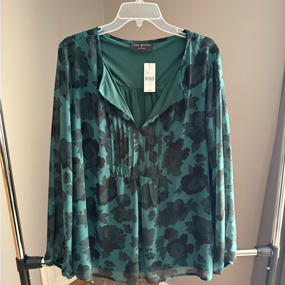 Lane Bryant Teal and Black Floral Blouse